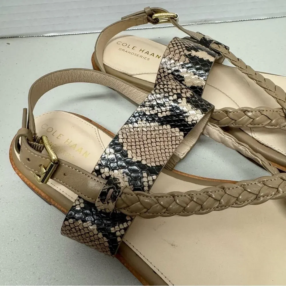 Cole Haan Grand Series Strappy Leather Sandals Women 8.5 Snake Print Cream Beach